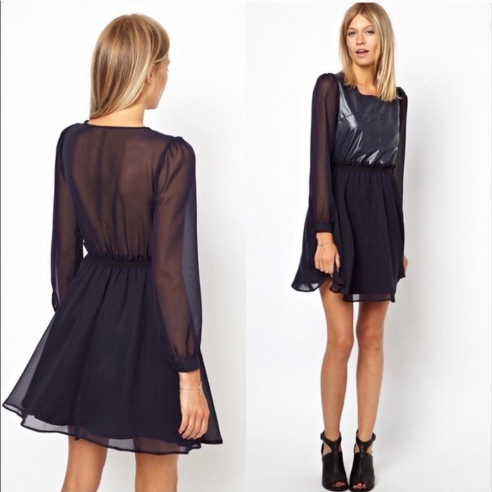 ASOS Petite Navy Leather Panel Sheer Skater Dress